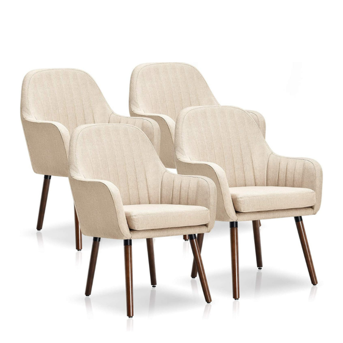 Set of 2 or 4 Fabric Dining Chairs, Accent Upholstered Arm Chair w/Wood Legs - Beige 4 - Image 1