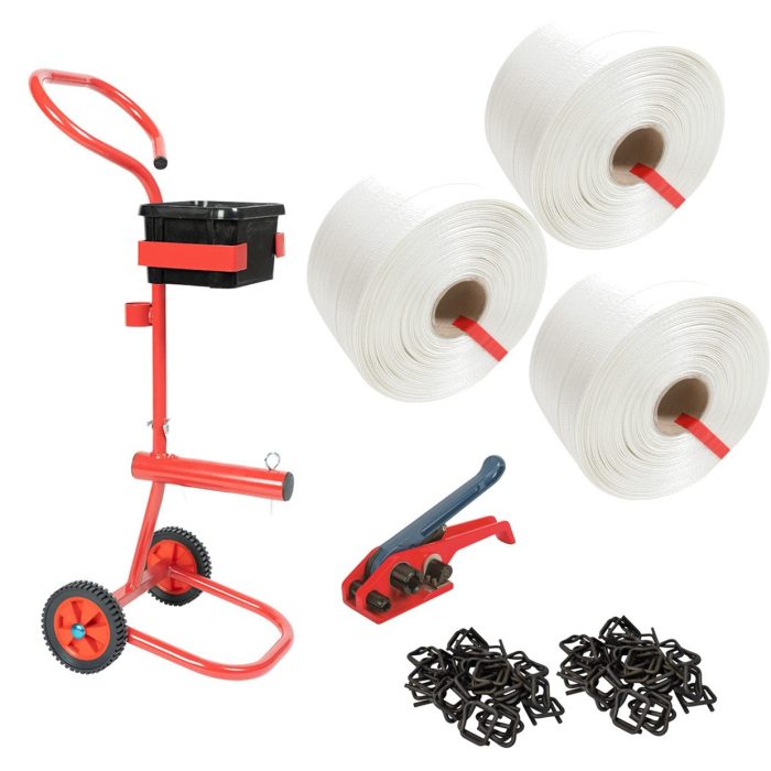 16mm Woven Polyester Strapping Kit with Trolley Dispenser - 3 Rolls - Image 1