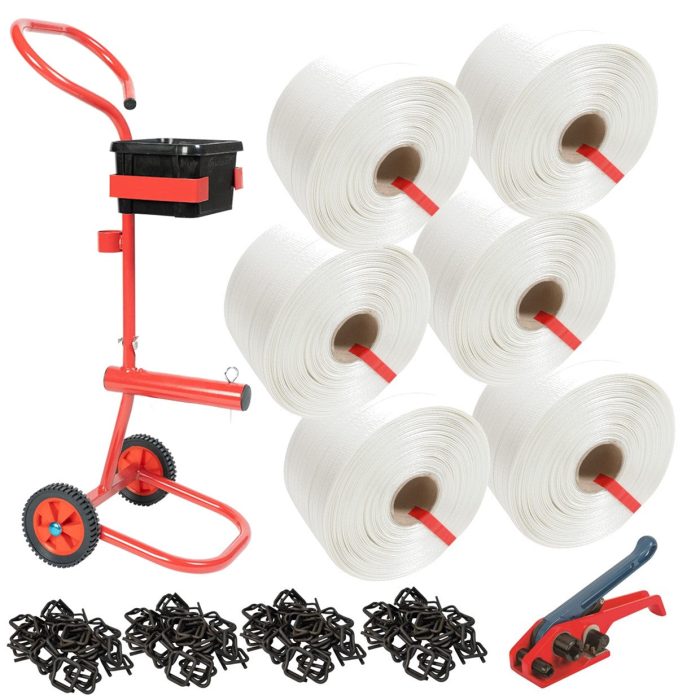 16mm Woven Polyester Strapping Kit with Trolley Dispenser - 6 Rolls - Image 1