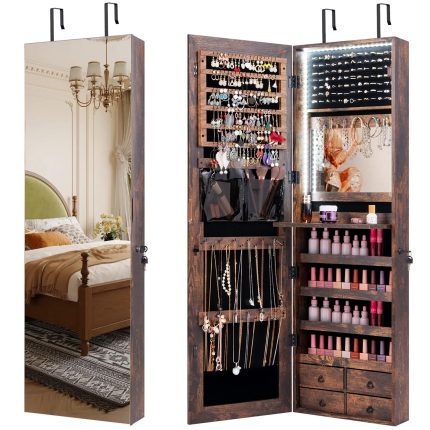 CHARMAID LED Strip Jewelry Armoire with 47.2" H Full Length Mirror - Rustic Brown