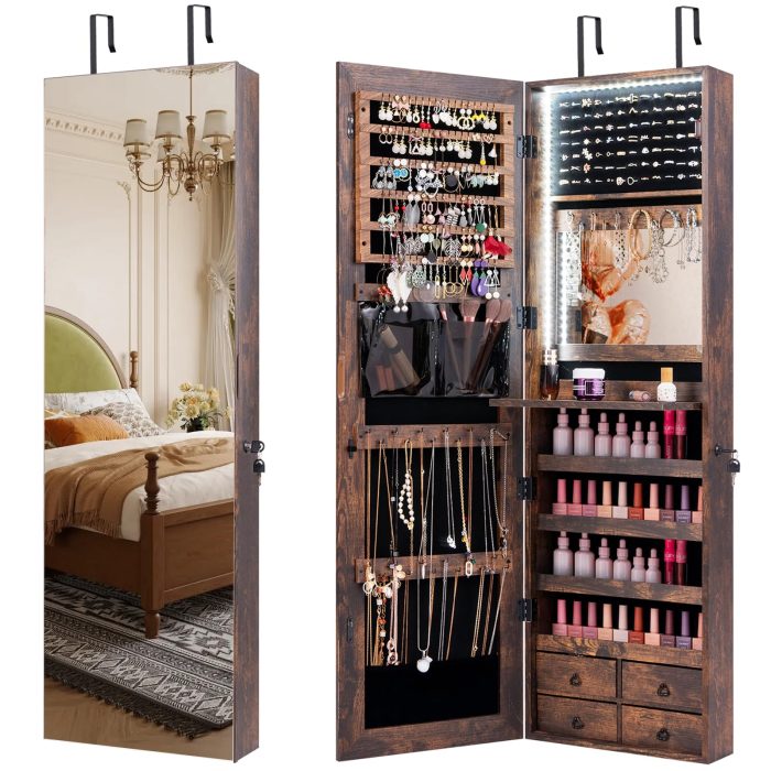 CHARMAID LED Strip Jewelry Armoire with 47.2" H Full Length Mirror - Rustic Brown - Image 1