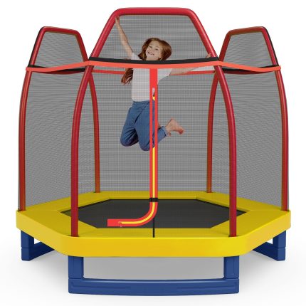 Giantex 7 Ft Kids Trampoline w/Safety Enclosure Net - Red/Yellow/Blue