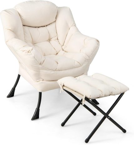 Giantex Modern Lazy Chair, Accent Contemporary Lounge Chair Polyester Fabric w/Steel Frame - Beige Lazy Chair+Ottoman