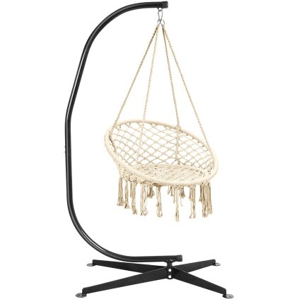Giantex Hammock Chair with Stand, Solid Steel Heavy Duty C Stand with Macrame Hanging Chair - Beige