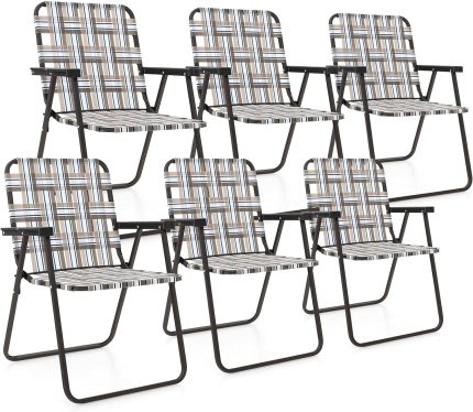 Giantex Folding Lawn Chairs Set of 6 Outdoor Portable Beach Chair W/Stable Steel Frame - Khaki 6 Pack