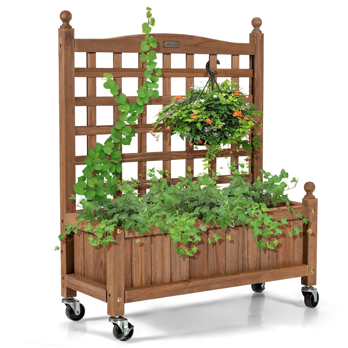 Wood Planter with Lattice Trellis and Wheels, 25'' x 11'' x 32.5'' (L x W x H) - 1 - Image 1