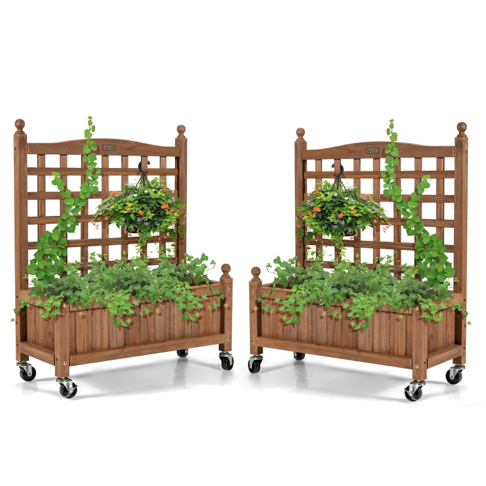 Wood Planter with Lattice Trellis and Wheels, 25'' x 11'' x 32.5'' (L x W x H) - 2 - Image 1