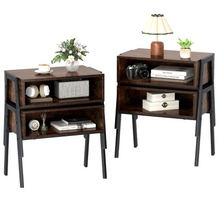Giantex Stackable End Table Set of 2, Compact Nightstands w/Metal Frame & Open Compartments - 4