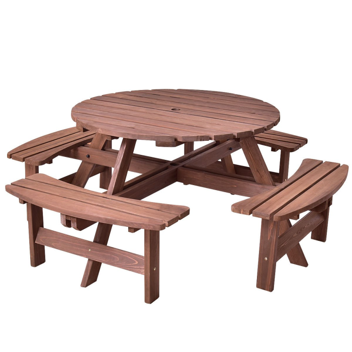 Giantex Wooden Picnic Table Set with Wood Bench, 4 Adults or 8 Kids Outdoor Round Table with Umbrella Hold Design - Image 1