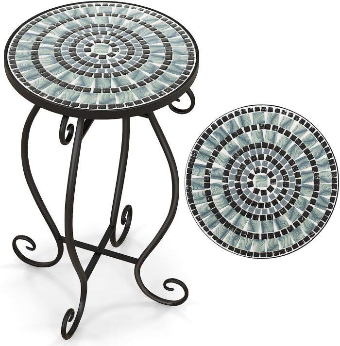Giantex Folding Mosaic Patio Table, 14'' Outdoor Side Table Round Accent Table Plant Stand with Ceramic Tile Top - Retro - Image 1