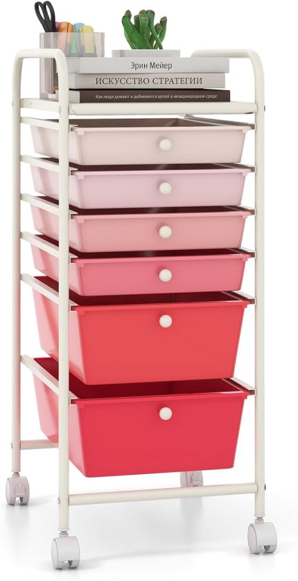 Giantex 6 Storage Drawer Cart Rolling Organizer Cart for Tools - Pink Gradient