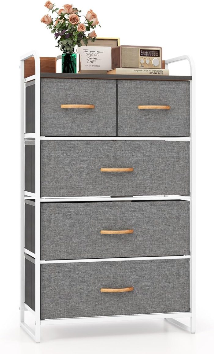 Giantex Sturdy Steel Frame & Wooden Top Vertical Organizer Unit for Closets, Bedroom Utility Dresser Chest (23 x 11.5 x 39 inch) - Gray - Image 1