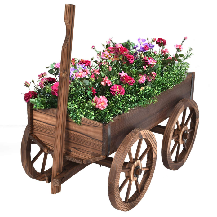Giantex Wood Wagon Flower Planter Pot Stand W/Wheels Home Garden Outdoor Decor - Image 1