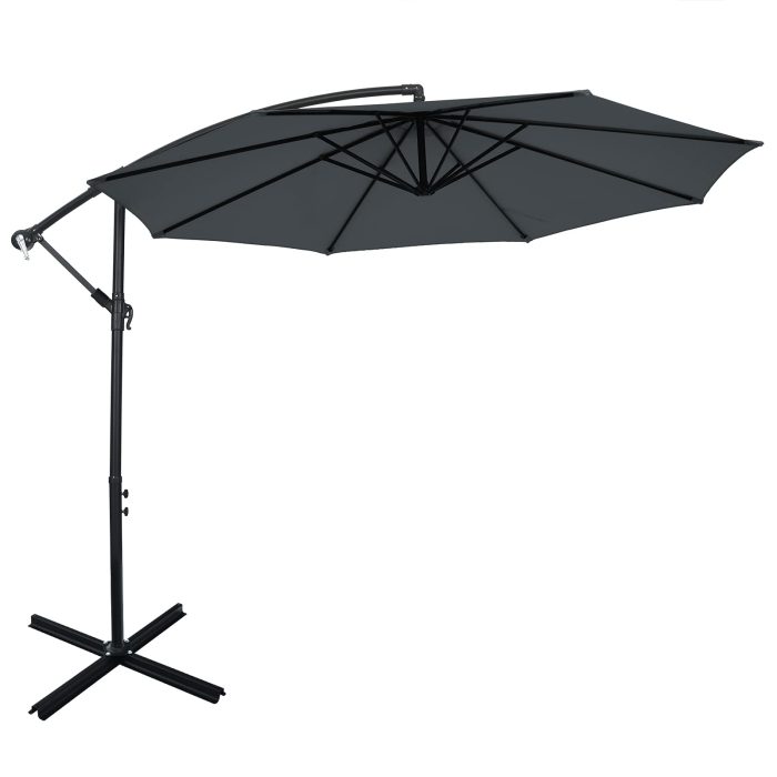 Giantex 10FT Patio Offset Umbrella, 8 Ribs Cantilever Umbrella Outdoor w/Crank, Cross Base - Gray - Image 1