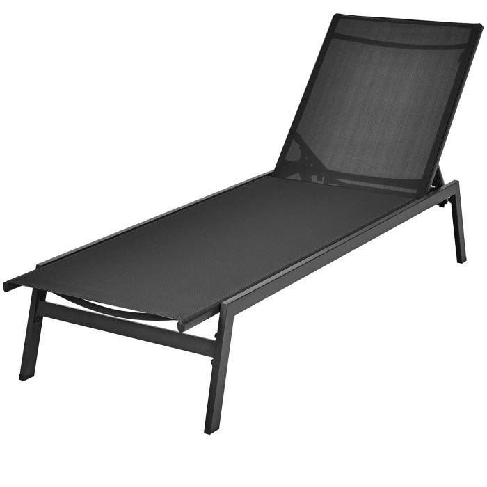 Giantex Chaise Lounge Chair Patio Chaise Lounger with 6-Postion Adjustable Backrest and Breathable Fabric - Black 1 - Image 1