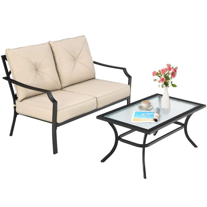 Giantex 2 Pcs Patio Loveseat Set, 2 Seat Bench Sofa with Coffee Table(Beige) - Image 1