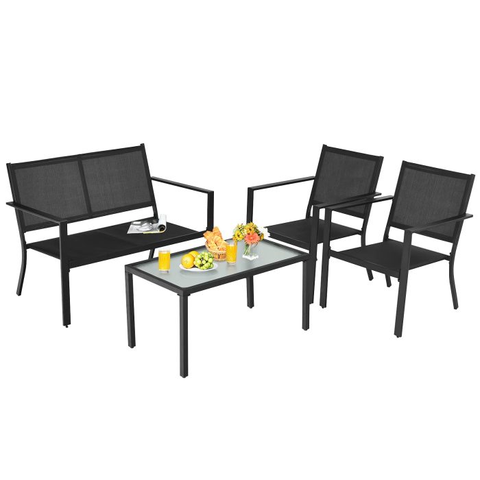 Giantex 4 Pieces Patio Furniture Set, Outdoor Conversation Set, Loveseat Bench with 2 Patio Chairs & Tempered Glass Coffee Table - Image 1