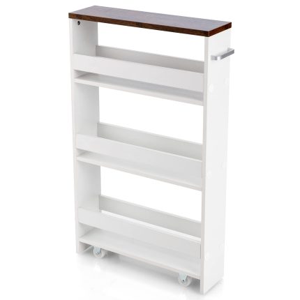 Giantex Kitchen Slim Storage Cart 4 Tier, Rolling Side Storage Cabinet w/Handle - White & Natural