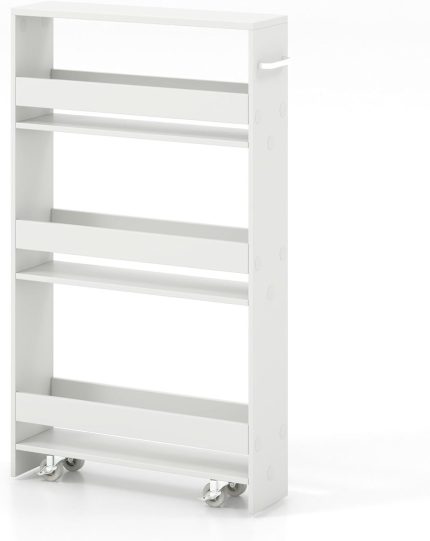 Giantex Kitchen Slim Storage Cart 4 Tier, Rolling Side Storage Cabinet w/Handle - White