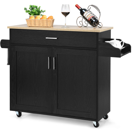 Giantex Kitchen Island, Rolling Kitchen Cart with Spice and Towel Rack, Large Drawer & 2-Door Storage Cabinet - Black