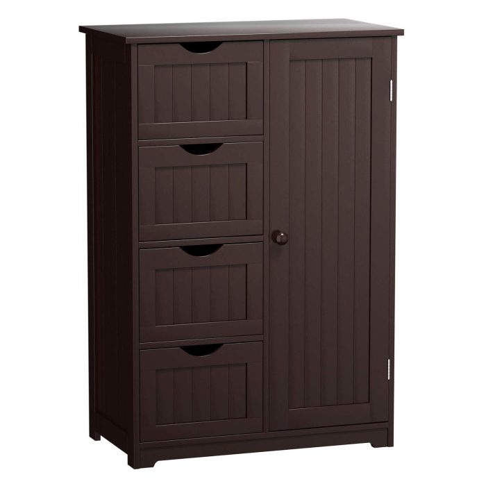 Giantex Bathroom Floor Cabinet Wooden with 1 Door & 4 Drawer - Brown - Image 1