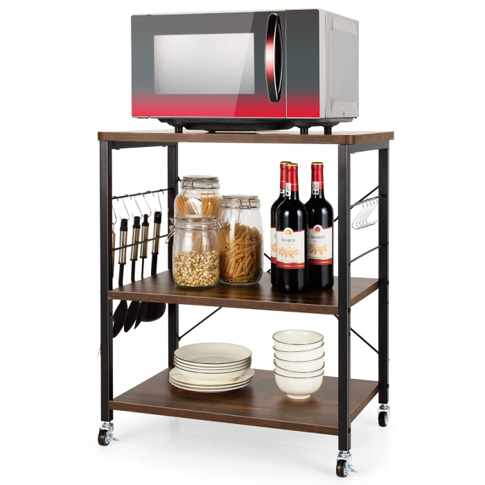 Giantex Kitchen Baker's Rack 3-Tier Microwave Cart on Wheels - Coffee & Black - Image 1