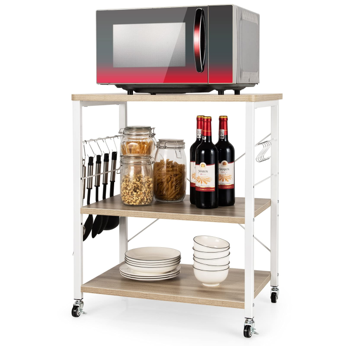Giantex Kitchen Baker's Rack 3-Tier Microwave Cart on Wheels - Maple & White - Image 1