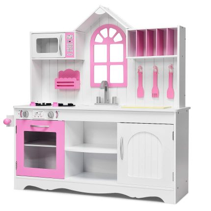 Giantex Wood Play Kitchen, Pink Kids Kitchen Playset for Toddlers