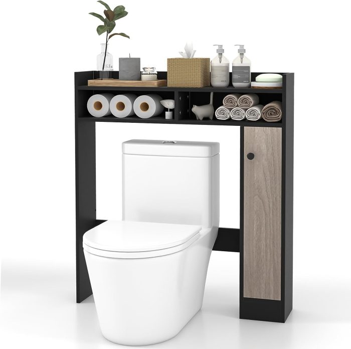 Giantex Over-The-Toilet Storage Rack, Bathroom Freestanding Space Saver with 1-Door Side Storage Cabinet - Black 34.5" x 7" x 39" - Image 1