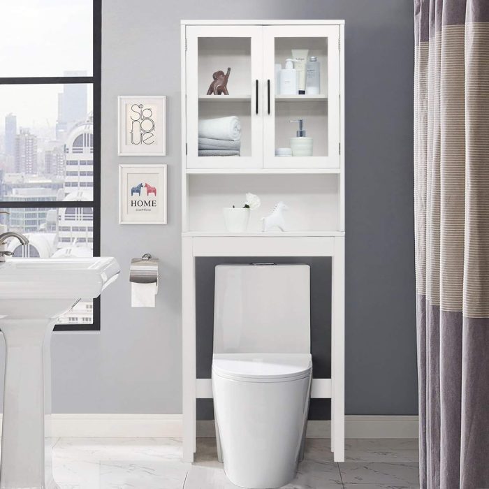 Giantex Over-The-Toilet Storage Cabinet W/Tempered Glass Doors, 3-Position Adjustable Shelf - Image 1