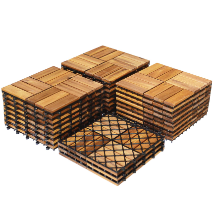 Giantex 27 PCS Interlocking Patio Deck Tiles, 12 x 12in Acacia Hardwood Floor Tiles, Tools Free Assembly - 27 PCS Checker Pattern