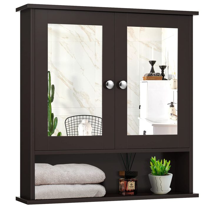 Bathroom Wall Cabinet with 2 Mirror Doors and Adjustable Shelf - Espresso - Image 1