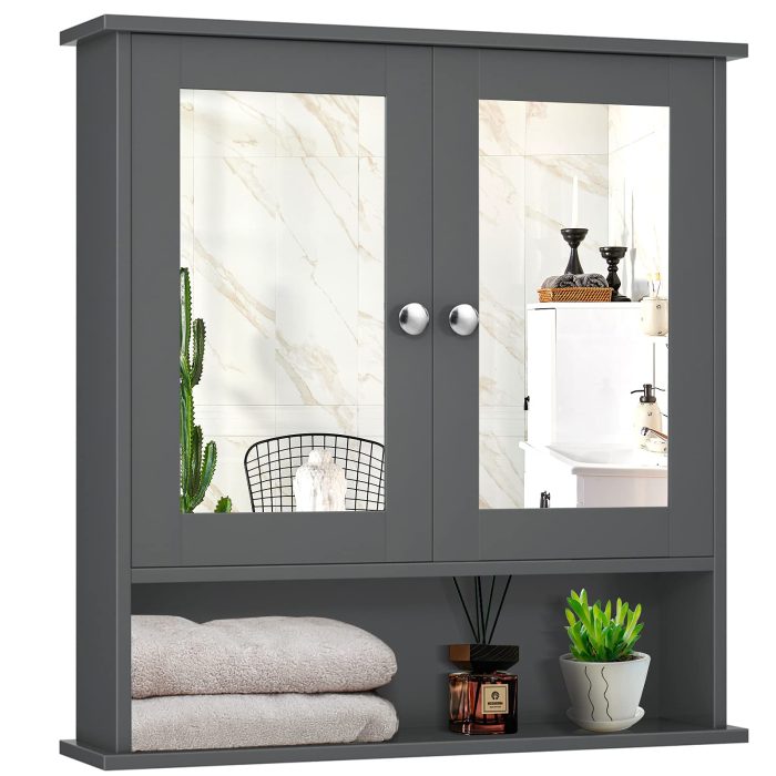 Bathroom Wall Cabinet with 2 Mirror Doors and Adjustable Shelf - Grey - Image 1