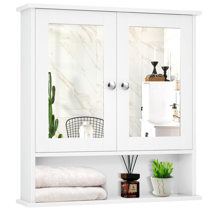 Bathroom Wall Cabinet with 2 Mirror Doors and Adjustable Shelf - White - Image 1