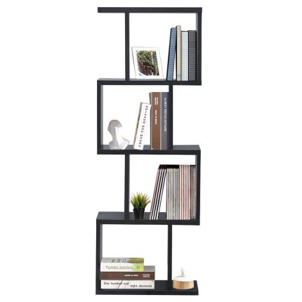 4 Tier Bookshelf S Shaped Bookcase, Multifunctional Wooden Display Decor Furniture - 1