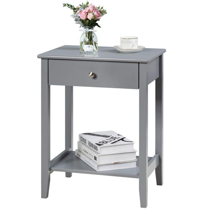 Nightstand Wooden 2-Tier Couch Sofa Side Table with Drawer, End Table - Grey 1 - Image 1