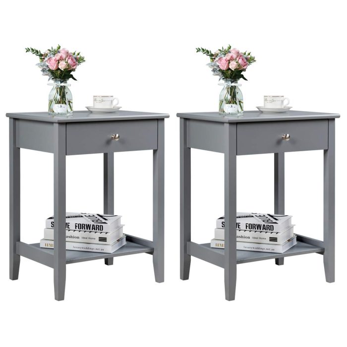Nightstand Wooden 2-Tier Couch Sofa Side Table with Drawer, End Table - Grey 2 - Image 1