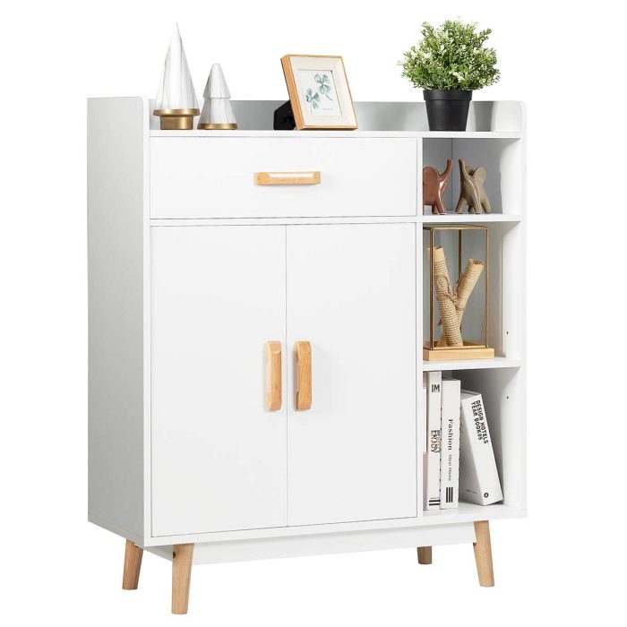 Floor Storage Cabinet Free Standing Cupboard Chest with 1 Drawer - White - Image 1