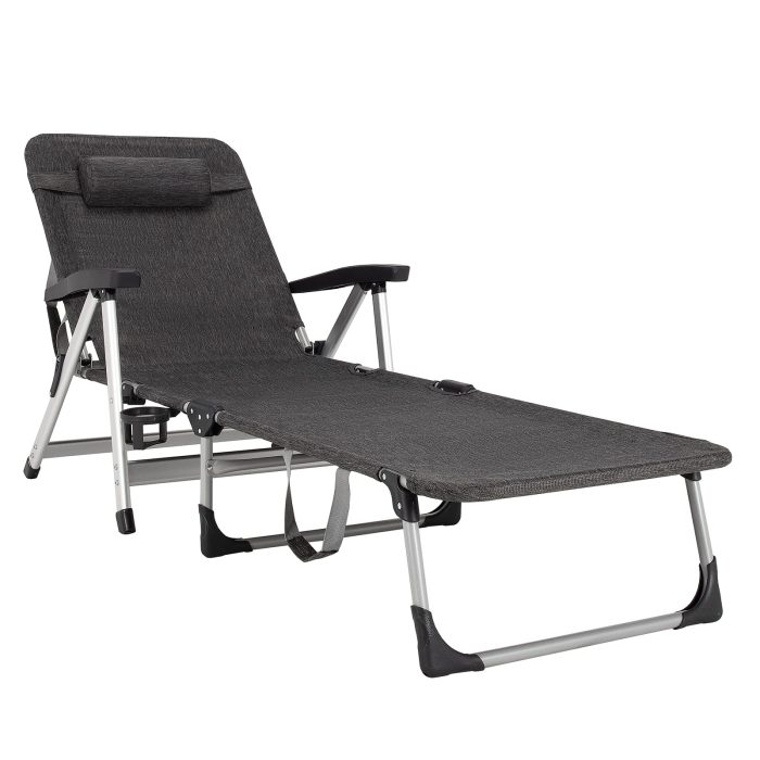 Patio Chaise Lounge Chair 7 Adjustable Position Folding Camping Cot - Grey 1 - Image 1