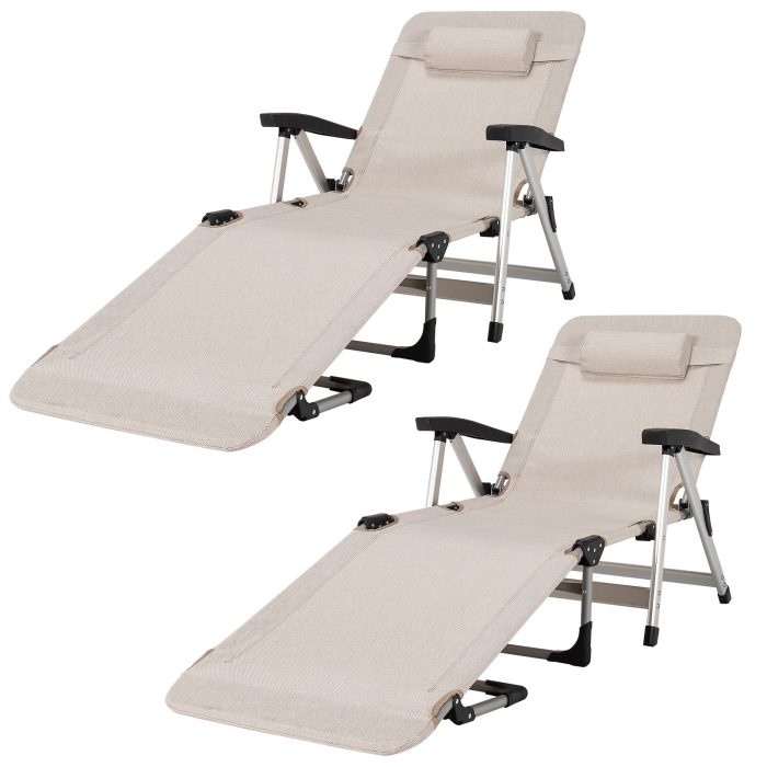 Patio Chaise Lounge Chair 7 Adjustable Position Folding Camping Cot - Beige 2 - Image 1