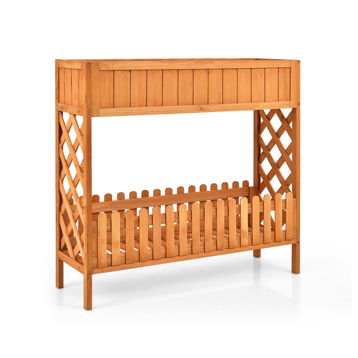 2-Tier Wood Potted Plant Rack with Fence - Image 1