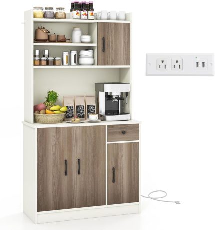 Giantex Buffet Hutch Cabinet, Kitchen Hutch Sideboard, Buffet Pantry on Island - White & Walnut