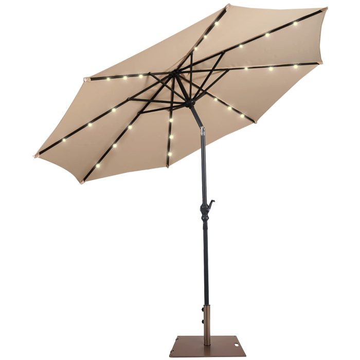 Giantex Patio Umbrella with Base Stand, 10ft Solar Led Lights Outdoor Umbrella and 50 LBS Steel Umbrella Base Stand w/ Wheels - Beige - Image 1