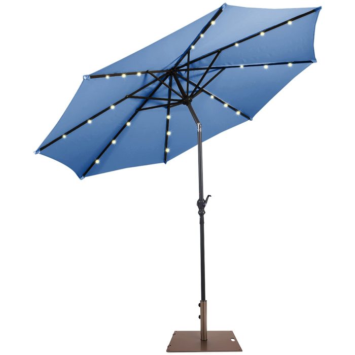 Giantex Patio Umbrella with Base Stand, 10ft Solar Led Lights Outdoor Umbrella and 50 LBS Steel Umbrella Base Stand w/ Wheels - Blue - Image 1
