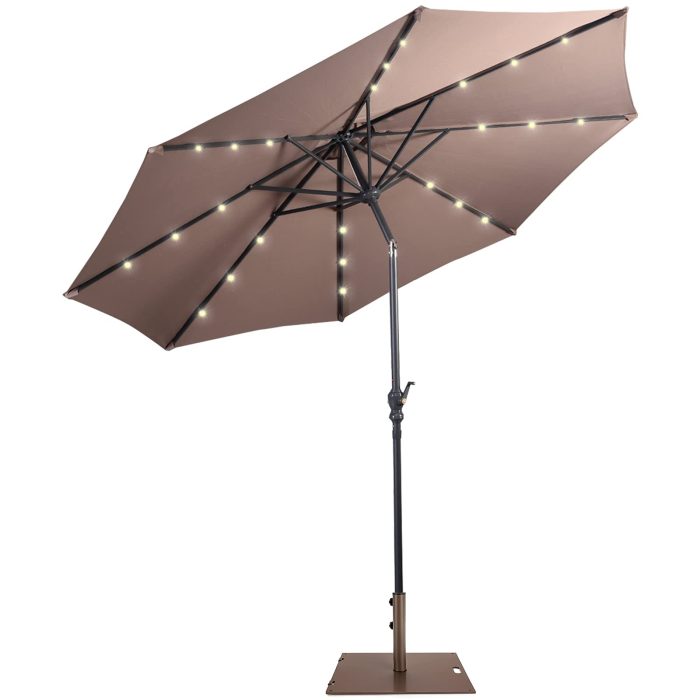 Giantex Patio Umbrella with Base Stand, 10ft Solar Led Lights Outdoor Umbrella and 50 LBS Steel Umbrella Base Stand w/ Wheels - Tan - Image 1
