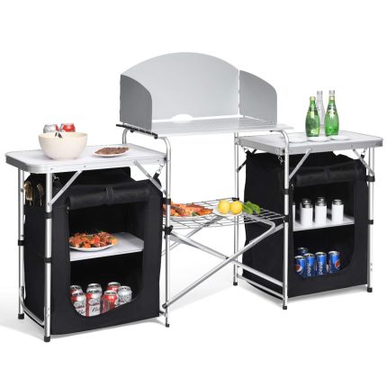 Giantex Folding Camping Kitchen Table w/ 2 Storage Organizer - Black