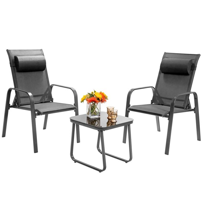 Giantex Stackable Patio Chairs with Adjustable Backrest Headrest, 3 Pieces - Grey - Image 1