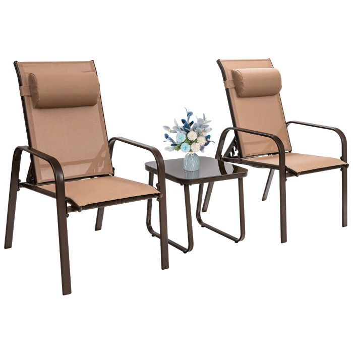 Giantex Stackable Patio Chairs with Adjustable Backrest Headrest, 3 Pieces - Brown - Image 1
