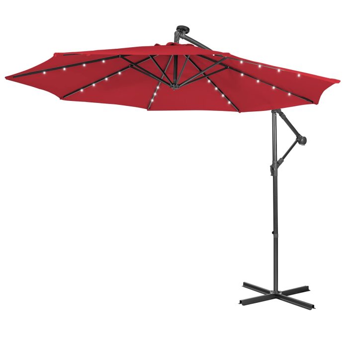 10 ft Pool Umbrellas with 32 LED Lights Solar Powered Offset Umbrella - Burgundy - Image 1
