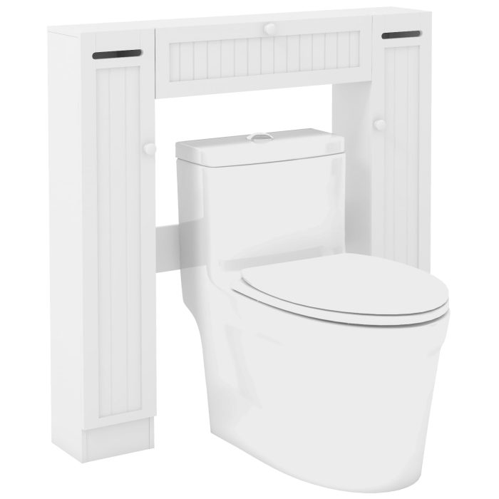Over-The-Toilet Rack Bathroom Shelf Storage Cabinet Wooden Drop Door Freestanding Spacesaver Improvements, White - 8"x35"x39" - Image 1
